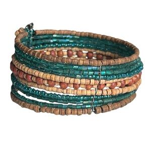 Beaded Neutral Brown Teal Stacking Adjustable Boho Bracelet